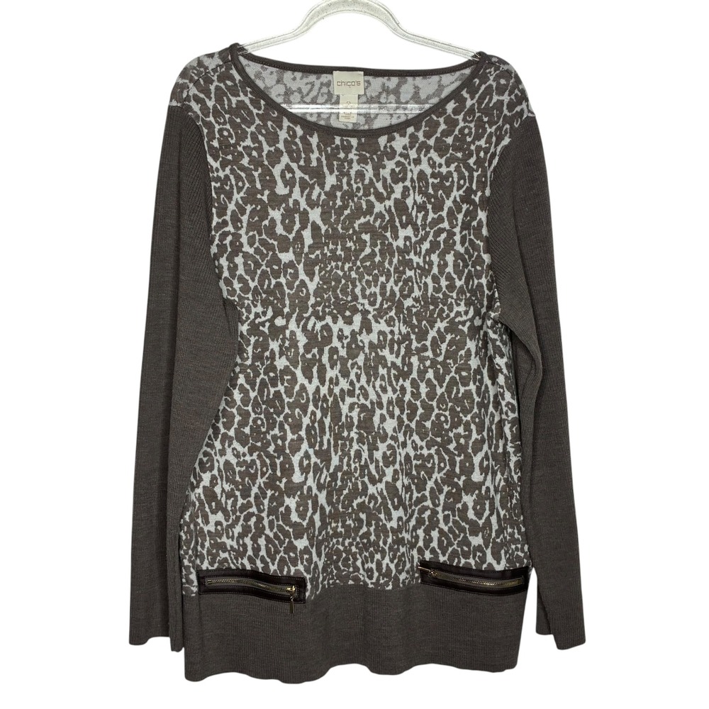 Chicos Womens Size 2/Large Brown‎ Leopard Print Sweater Zipper Detail Wool Knit